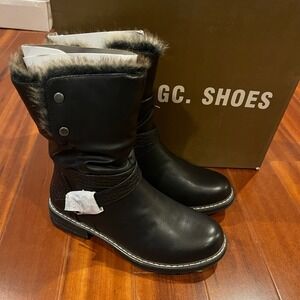 GC Shoes Bailey Boots Black Faux Fur Lined Mid Calf Moto Shoes Women New NIB 6.5